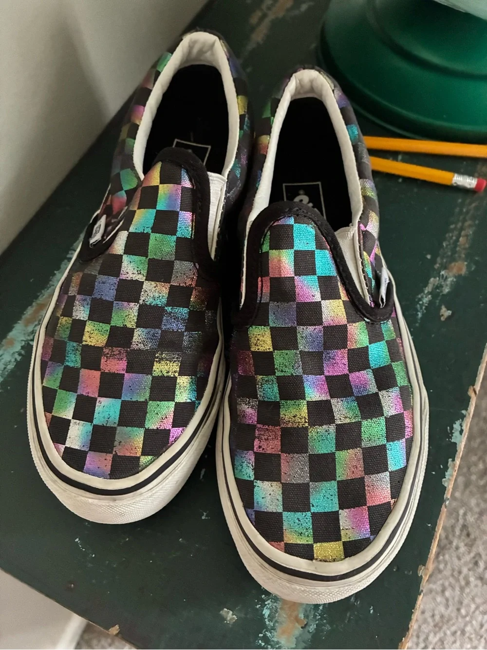 Vans Iridescent Rainbow Checkered Slip On Tennis Shoes Kids Size 2